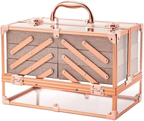 Frenessa 11.8 Inch Rose Gold Acrylic Makeup Train Case with 6 Trays for Cosmetics and Jewelry
