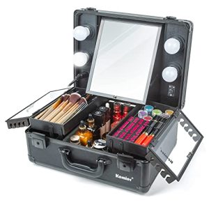 Kemier Large Black Makeup Train Case with Built-in Lights and Mirror