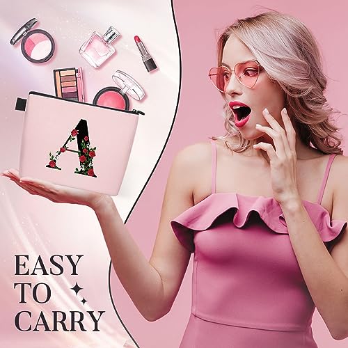 Initial Letter A Makeup Bag for Women Girl, A-Z Personalized Makeup Bag Pink Monogram Cosmetic Bag, Custom Graduation Nurse Week Gift Birthday Bridesmaid Makeup Bag for Bridesmaids - Image 4