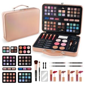 Multipurpose Makeup Kits for Teens Girls Kids, Travel Makeup Set Non-toxic, Makeup Gift for Women Teen, Eyeshadows Blushes Bronzer Highlighter Concealer Lipgloss Eyeliner Lipliner Brushes Gold Case