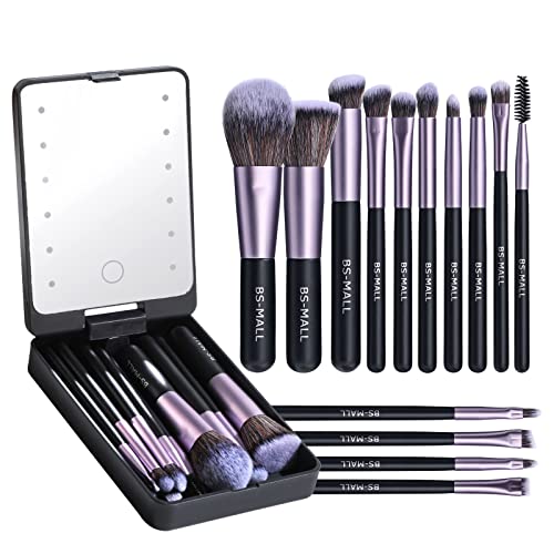 BS-MALL 14-Piece Purple Travel Makeup Brush Set with Integrated LED Light Mirror