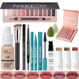 All In One Makeup Kit Full Kit, 3 Pcs Cream Contour Sticks,12 Colors Eyeshadow Palette,Full Coverage Foundation, 6 Colors Lipstick Set, Waterproof Eyeliner and Mascara(102# Nude)