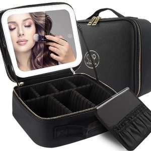 Portable Black Makeup Bag with Built-in Mirror, LED Light, and Adjustable Dividers