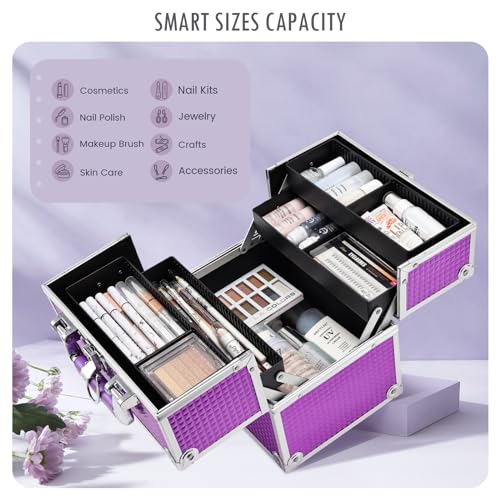 Frenessa Purple Portable Makeup Train Case Organizer with 4 Trays and Lockable Dividers - Image 2