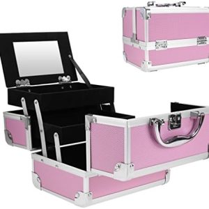 Professional Pink Makeup Train Case 3 Trays with Adjustable Dividers and Mirror