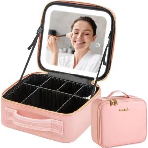 Travel Makeup Bag with Light Up Mirror and Adjustable Dividers for Brushes, Pink