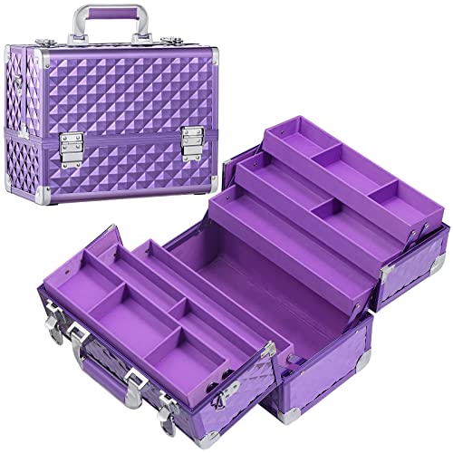 FRENESSA Extra Large Purple Makeup Organizer with 6 Trays and Detachable Carrying Strap
