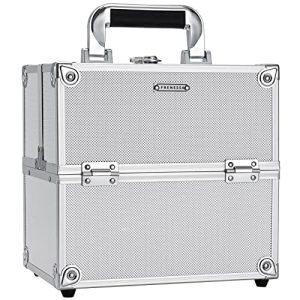 Bright Silver 4-Tier Aluminum Makeup Train Case Lockable Portable Storage for Women Girls