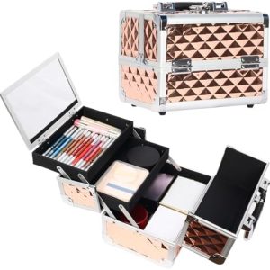 EBANKU Large Rose Gold Makeup Train Case with Mirror and 2 Trays for Travel