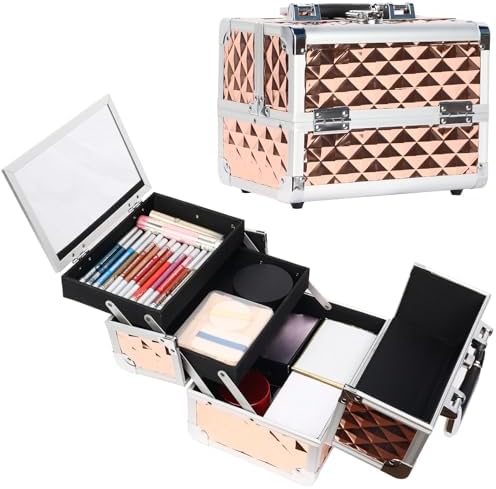 EBANKU Large Rose Gold Makeup Train Case with Mirror and 2 Trays for Travel
