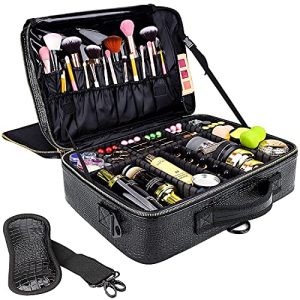 gzcz Large Makeup Train Case Professional 16" Travel Makeup Cosmetic Bag Organizer Portable PU Leather Makeup Storage Case Artist Box with Adiustable Dividers & Strap (L-Crocodile Pattern)
