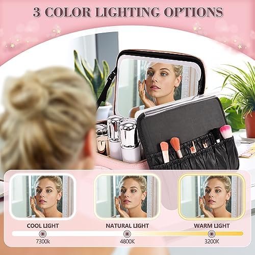 Cenoz Super Large Makeup Bag with LED Lighted Mirror and Adjustable Brightness in Pink - Image 7
