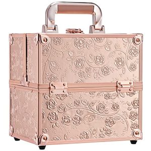 FRENESSA Portable Makeup Train Case Organizer with 4 Trays and Dividers in Rose Gold Floral