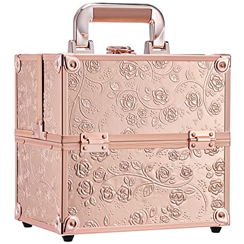 FRENESSA Portable Makeup Train Case Organizer with 4 Trays and Dividers in Rose Gold Floral