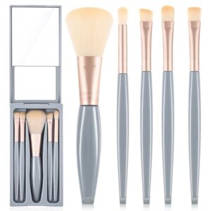 5 Piece Blue Travel Makeup Brush Set with Storage Box and Mirror