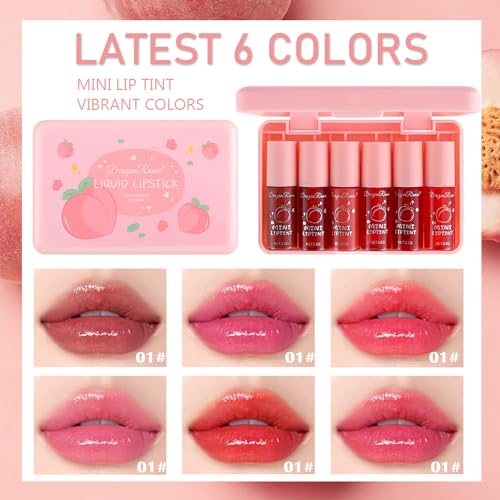 Six Color Lip Tint Stain Mini Liquid Lipstick Set for Lips and Cheeks Long-Lasting Peach Formula - Image 3