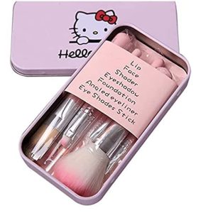 7 Pcs Professional Pink Hello, Kitty Cat Soft Makeup Brush Set with Box, Birthday Gift for Hello, Kitty Fans