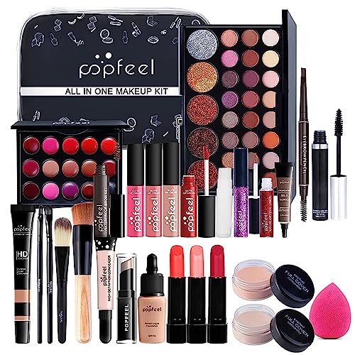 All In One Makeup Kit 27 Piece Makeup Kit for Women Full Kit, All in One Makeup Sets Include Eyebrow Eyeliner Eyeshadow Mascara Foundation Concealer Lip Gloss Lipstick Makeup Brush (MKit-04)