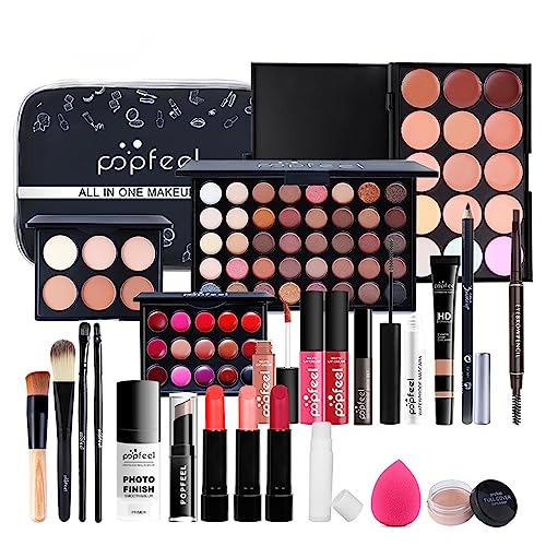 All in One Makeup Kit For Beginners Full Kit, Full Makeup Kit For Teen Girls, Makeup Gift Set, Include Eyeshadows, Concealer, Cosmetic brush, Lip Gloss, Lipstick, Powder puff, Mascara -005