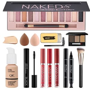 All in One Makeup Kit for Women Full Kit, Includes 12 Colors Naked Eyeshadow,Liquid Foundation, Lipstick Set, Mascara, Makeup Brush, Makeup Sponge, Eyebrow Powder, Eyebrow Soap, Eyeliner Stamp(#102)