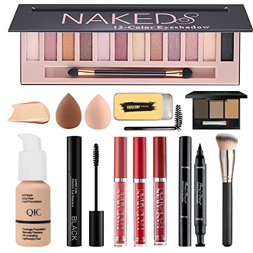 All in One Makeup Kit for Women Full Kit, Includes 12 Colors Naked Eyeshadow,Liquid Foundation, Lipstick Set, Mascara, Makeup Brush, Makeup Sponge, Eyebrow Powder, Eyebrow Soap, Eyeliner Stamp(#102)