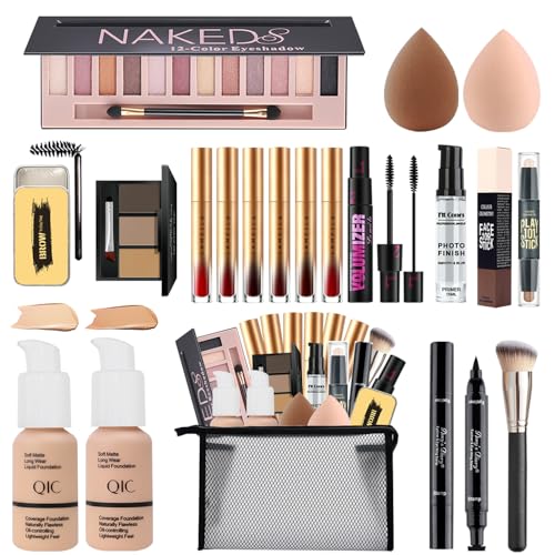 All in One Makeup Kit for Women,Includes Naked Eyeshadow,Liquid Foundation,Lipstick Set,Mascara,Makeup Brush,Makeup Sponge,Eyebrow Powder,Eyebrow Soap,Eyeliner Stamp,Primer,Contour Stick,Makeup Bag