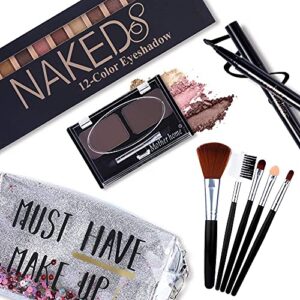12-Shade Nude Shimmer Eyeshadow Palette with Eyeliner, Brow Powder, 5 Brushes, and Cosmetic Bag Set