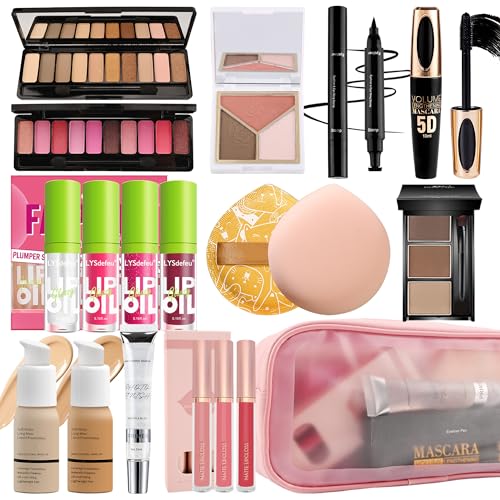 Complete Makeup Set Kit for Women, Full Beauty Collection with Mascara, Eyeliner, Eyeshadow, Foundation, Lip Gloss and Blush - Set A