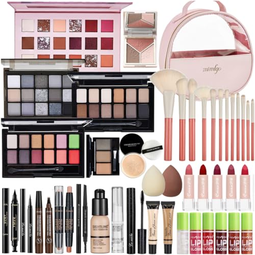Women's All-in-One Travel Makeup Kit with Foundation, Eyeshadow, Lipstick, and Brushes