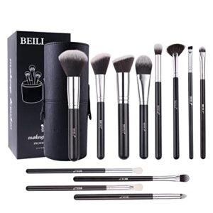 BEILI Makeup Brushes 12pcs Makeup Brushes Set with Holder Premium Synthetic Kabuki Foundation Brush Blending Blush Concealer Full Face Makeup Brushes Kit With Gift Box(Black)