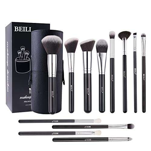BEILI Makeup Brushes 12pcs Makeup Brushes Set with Holder Premium Synthetic Kabuki Foundation Brush Blending Blush Concealer Full Face Makeup Brushes Kit With Gift Box(Black)