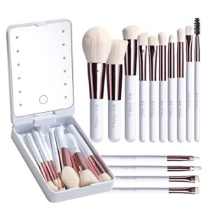 BS-MALL 14-Piece Travel Makeup Brush Set with LED Light Mirror for Foundation and Eyeshadow (White)