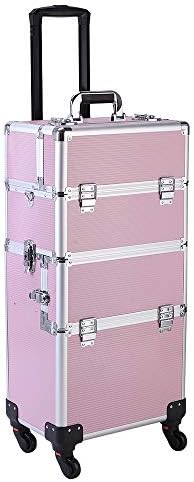 CAMORSA 3 in 1 Aluminum Makeup Case Organizer with 4 Wheels and Keys, Light Pink
