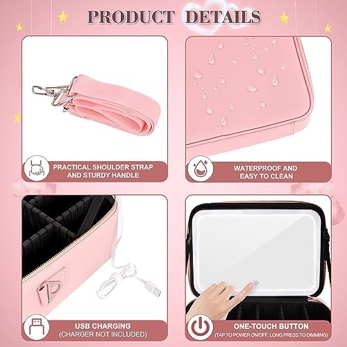 Cenoz Super Large Makeup Bag with LED Lighted Mirror and Adjustable Brightness in Pink - Image 5