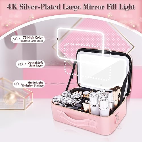 Cenoz Super Large Makeup Bag with LED Lighted Mirror and Adjustable Brightness in Pink - Image 6