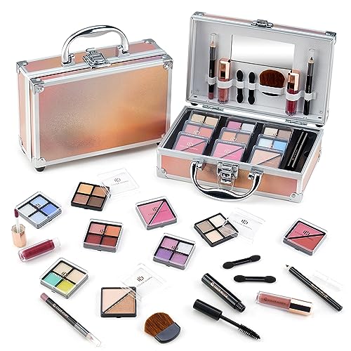 Color Nymph Beginner Teen Makeup Kit with Gold Train Case Complete Set Includes Brushes Mirror