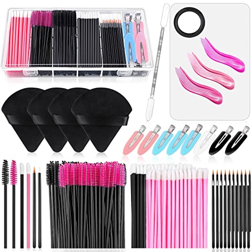 Triangle Puff Palette Makeup Applicators Kit with Mascara Wands, Lip Brushes, Hair Clips, and Storage Box