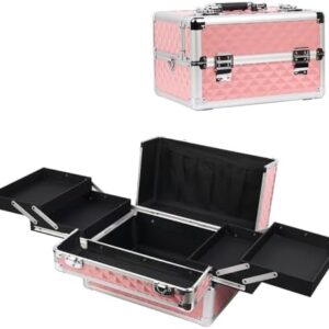 EBANKU Pink Portable Makeup Train Case Organizer with 4 Trays for Artists Nail Kits