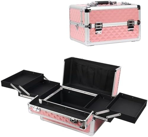 EBANKU Pink Portable Makeup Train Case Organizer with 4 Trays for Artists Nail Kits