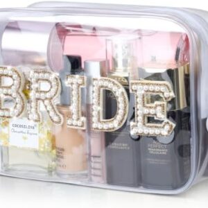 Etercycle Gold Bride Clear Makeup Bag Waterproof Organizer with Bling Pearl Rhinestone Patches
