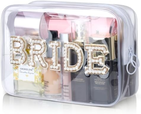 Etercycle Gold Bride Clear Makeup Bag Waterproof Organizer with Bling Pearl Rhinestone Patches