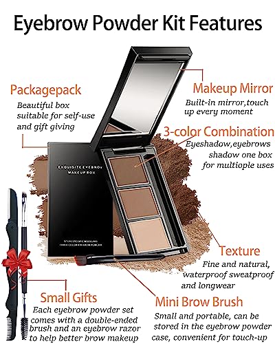 3-Color Long-Lasting Waterproof Eyebrow Powder Makeup Kit with Mirror and Tools - Image 3