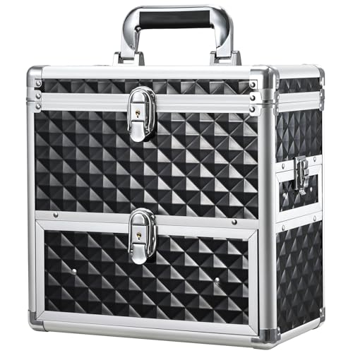 Frenessa Black Makeup Train Case with Drawer, Dividers, Mirror, 12 Inch
