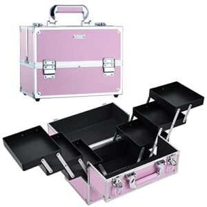 Frenessa Large Pink Cosmetic Organizer with 6 Tier Trays and Lockable Keys
