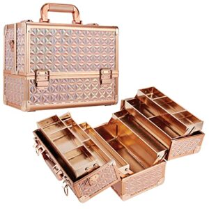 FRENESSA 12 Inch Large Portable Makeup Train Case with 6 Tier Trays and Lockable Keys in Shiny Rose Gold