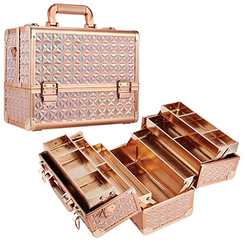 FRENESSA 12 Inch Large Portable Makeup Train Case with 6 Tier Trays and Lockable Keys in Shiny Rose Gold
