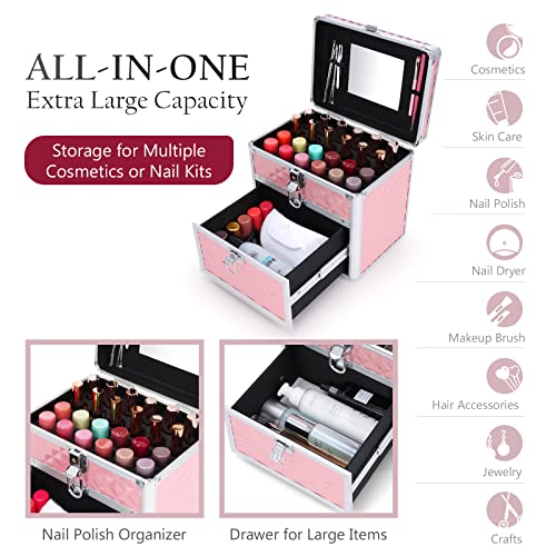 Frenessa Professional Makeup Train Case with Mirror and Adjustable Dividers, Large Capacity - Image 2