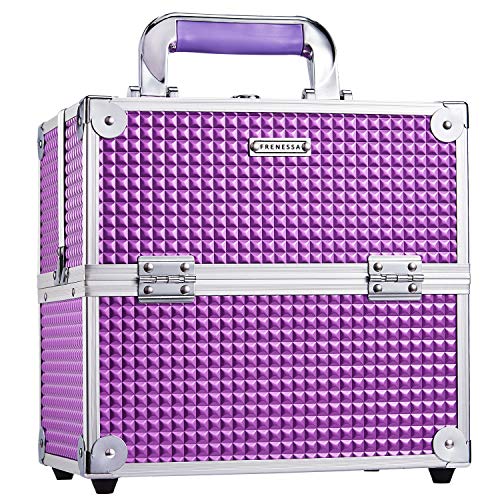 Frenessa Purple Portable Makeup Train Case Organizer with 4 Trays and Lockable Dividers
