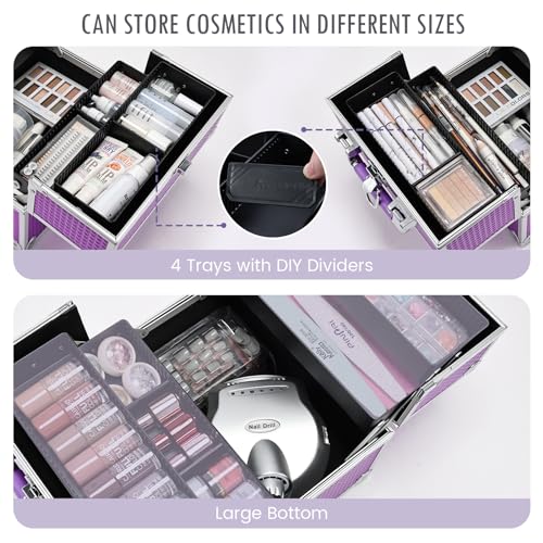Frenessa Purple Portable Makeup Train Case Organizer with 4 Trays and Lockable Dividers - Image 3