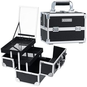 FRENESSA Portable Black Makeup Train Case with Mirror, Lockable Storage, 2 Trays